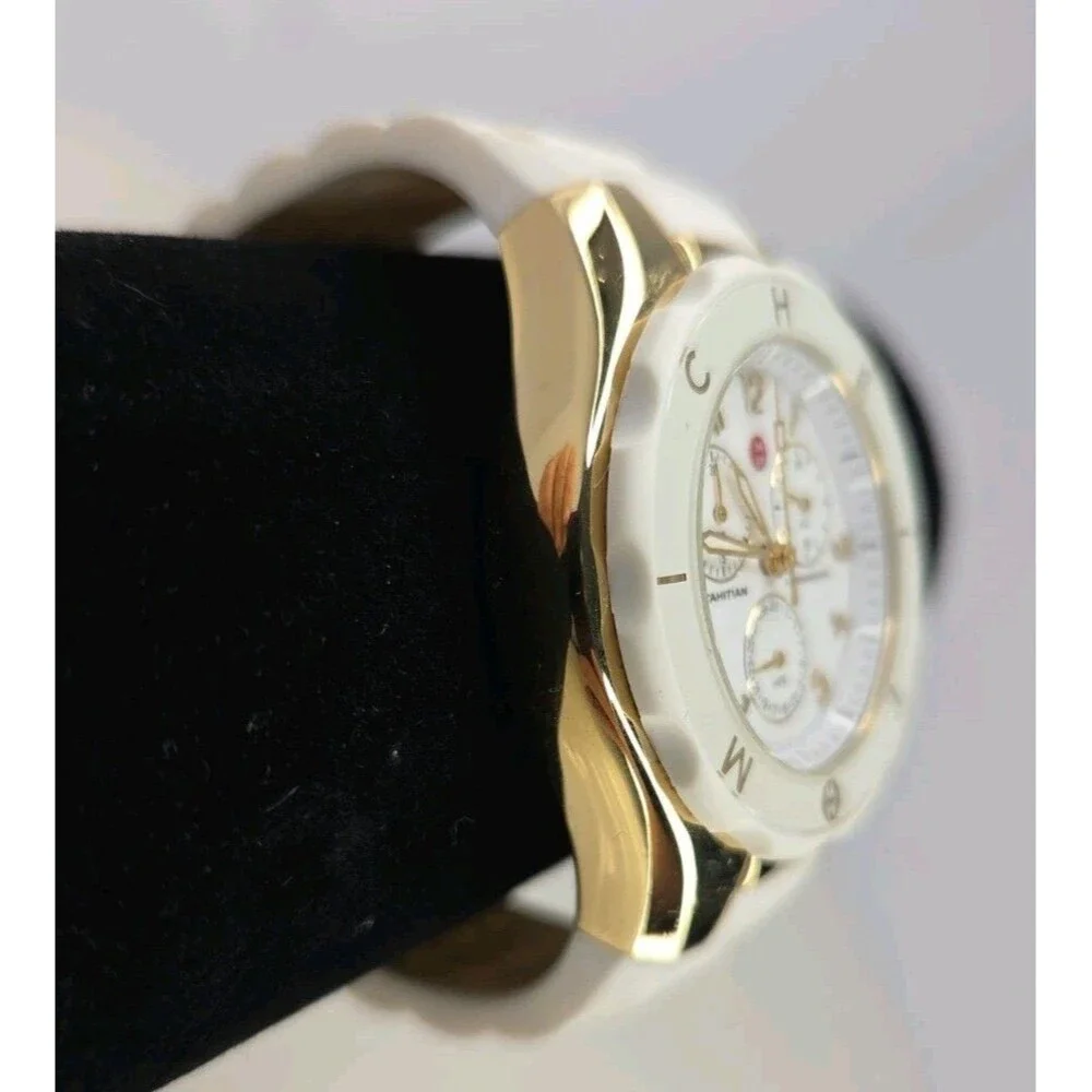 MICHELE JELLY BEAN TAHITIAN CHRONOGRAPH Watch GOLDTONE WHITE SILICONE BAND EUC - Picture 4 of 16